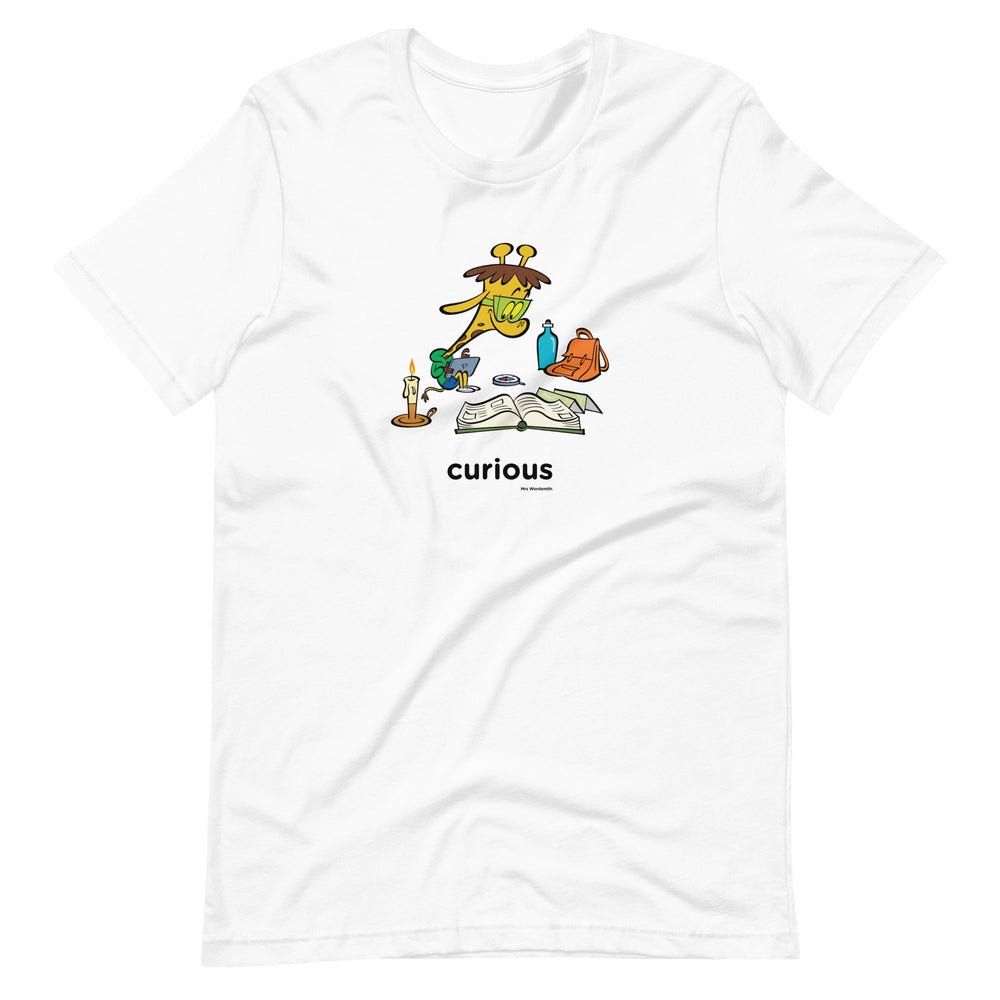 White unisex t-shirt with curious giraffe graphic