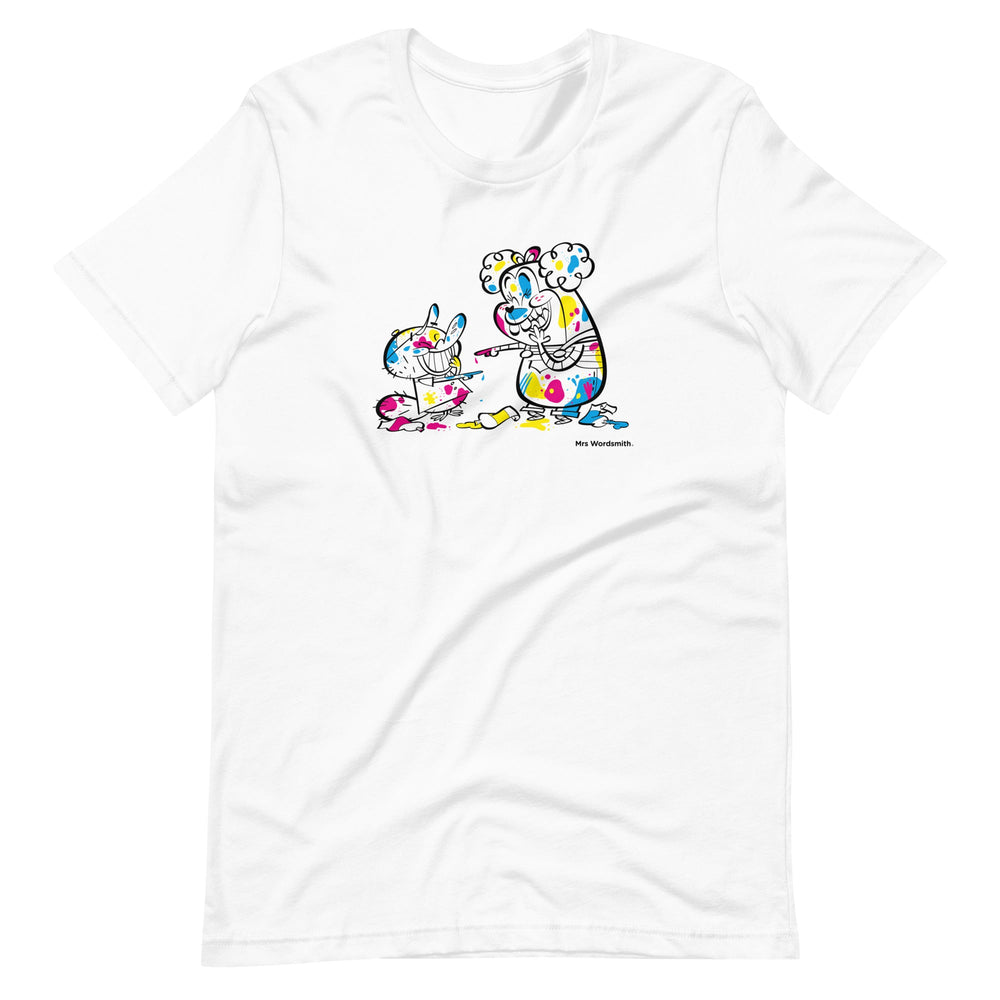 White unisex t-shirt with colorful cartoon art