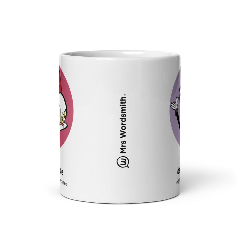 White glossy 11oz mug with cartoon design, front view.