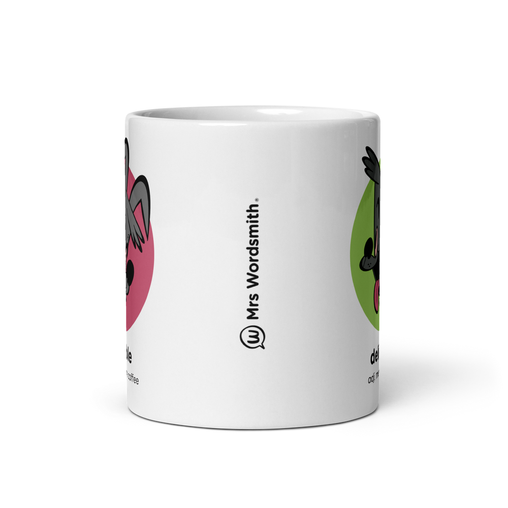 White glossy 11oz mug with cartoon design - front view
