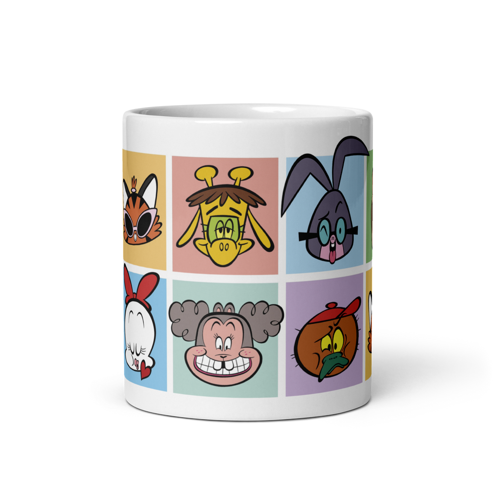 White glossy 11oz mug with cartoon faces, front view.