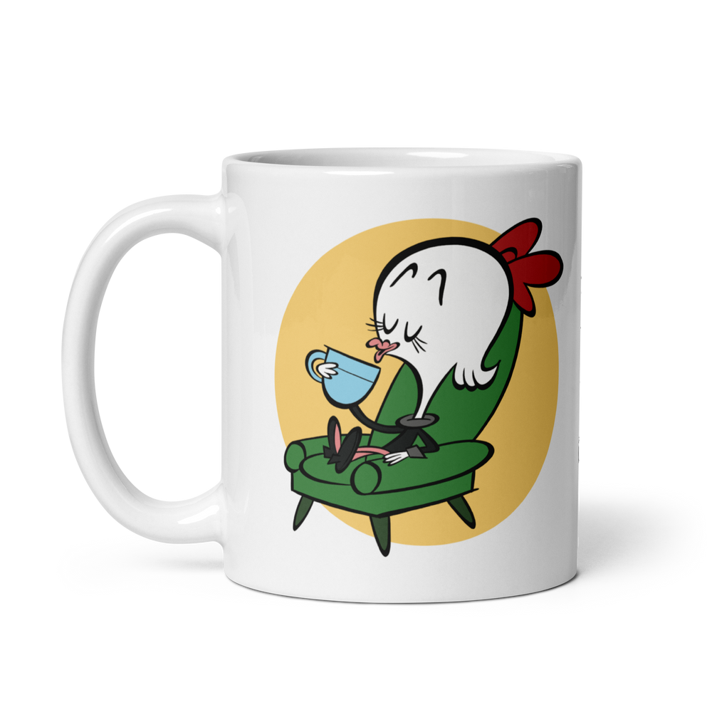 White glossy 11oz mug with cartoon character, handle left.