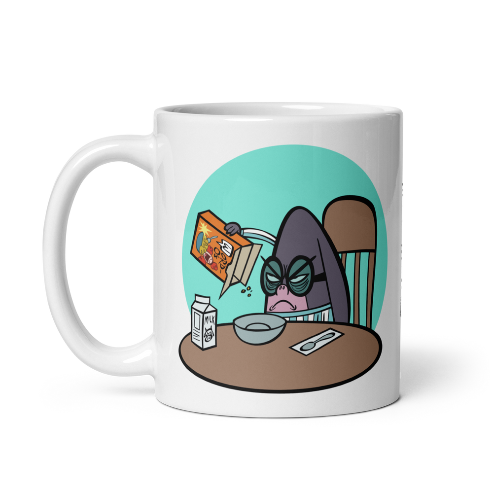 White glossy 11 oz mug with Patrick Star pouring cereal