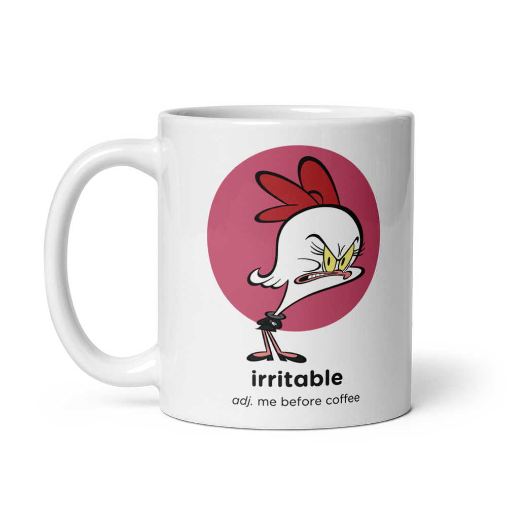 White glossy mug with Irritable cartoon design, 11 oz, handle on left.