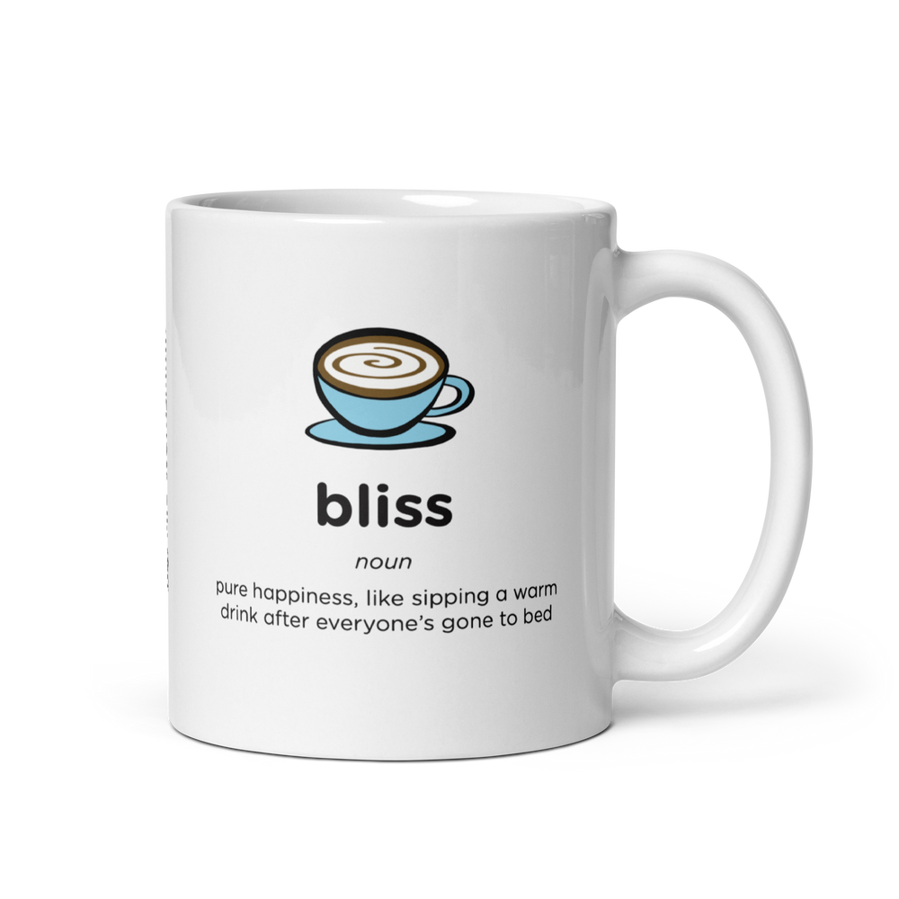 White glossy bliss mug with handle on right