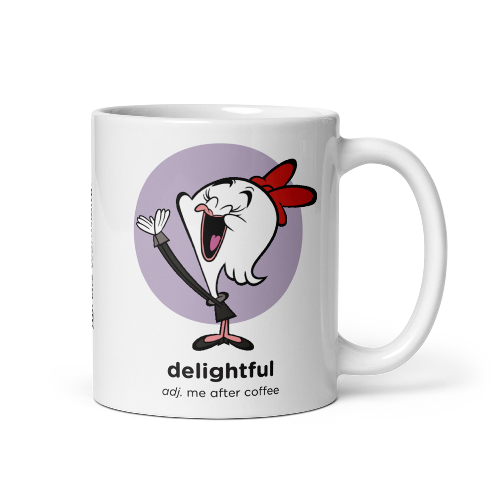 White glossy 11oz mug with delightful cartoon.