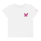 White t-shirt with pink butterfly design