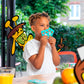 Boy holding cards with giraffe cartoon