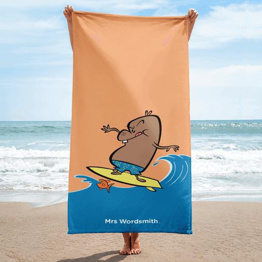 Beach towel with cartoon surfer