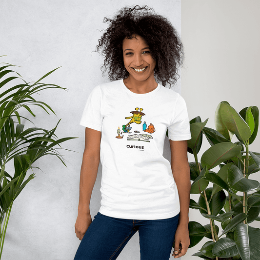 Woman wearing Curious t-shirt