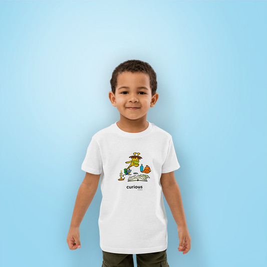 Curious kids' t-shirt with book graphic