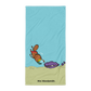 Curious beach towel with cartoon diver and clam