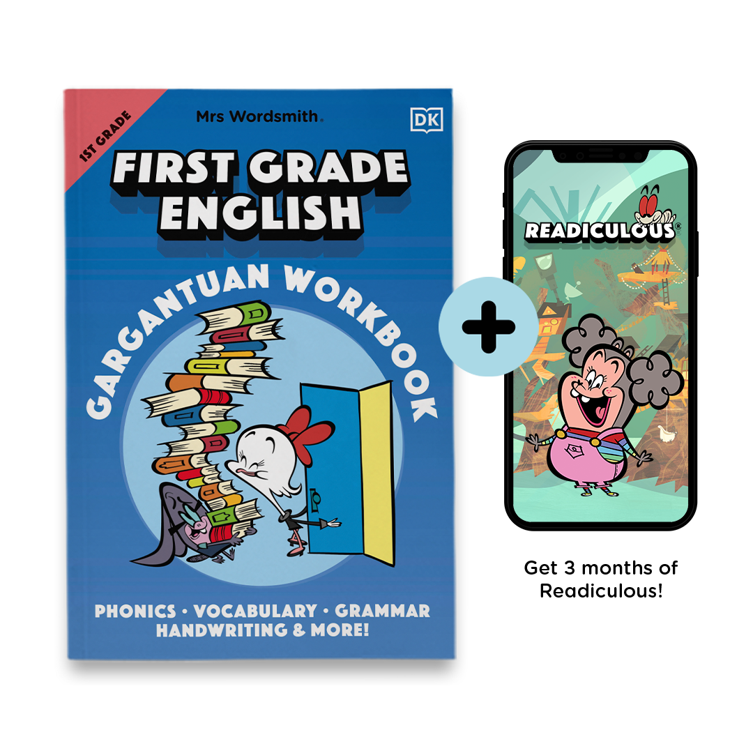 First Grade English Workbook & Readiculous App Mockup