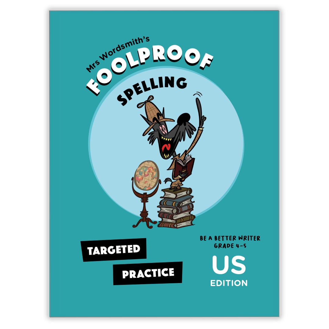 Foolproof Spelling Grade 4-5 Targeted Practice cover with cartoon character.