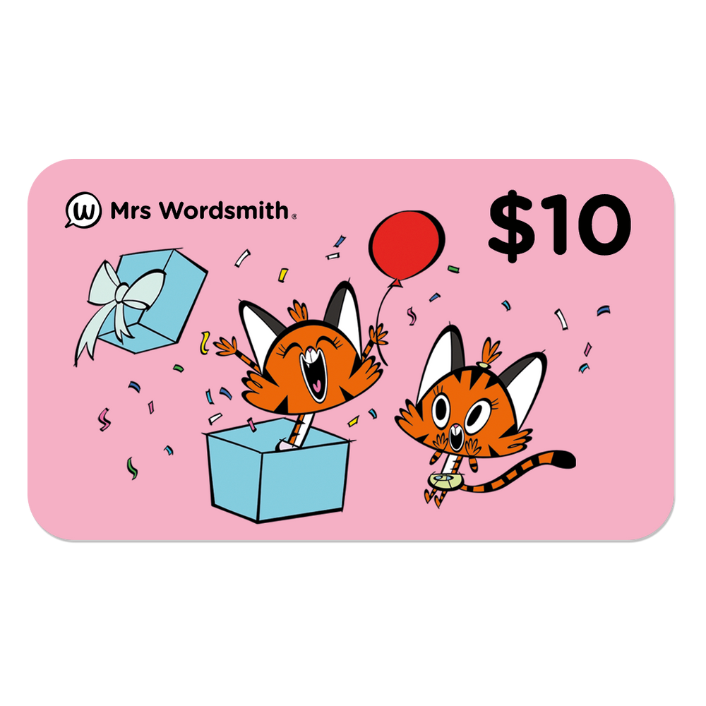 $10 Mrs. Wordsmith gift card with fun illustrations.