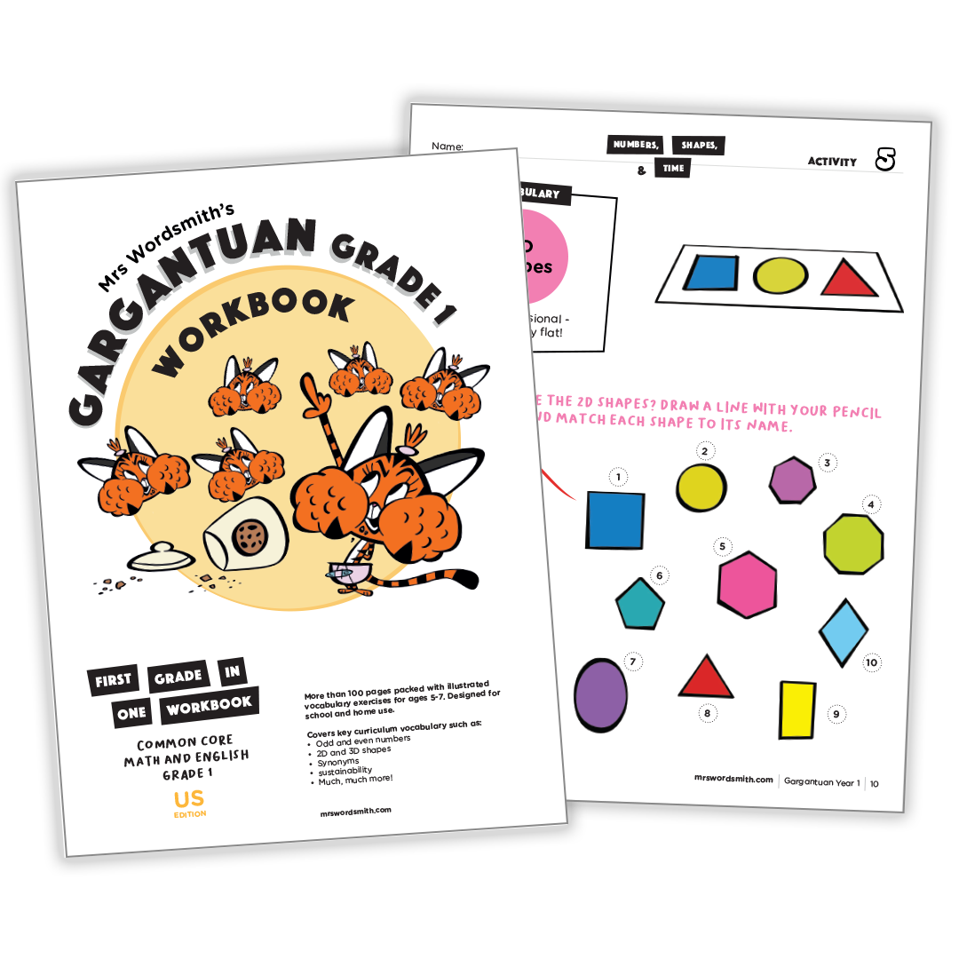 Grade 1 Gargantuan Workbook bundle with shapes and activities.