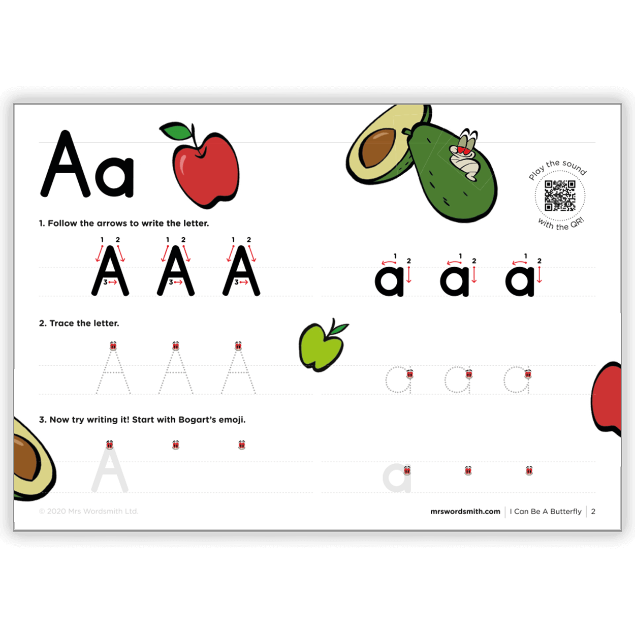 I Can Be a Butterfly handwriting practice - letter A with apple & avocado
