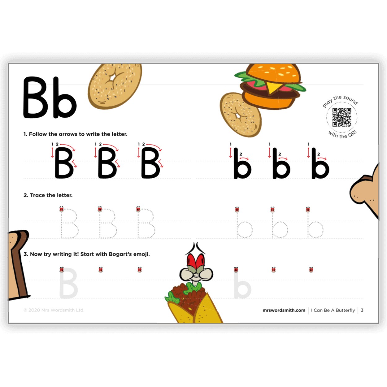 Letter B with food illustrations