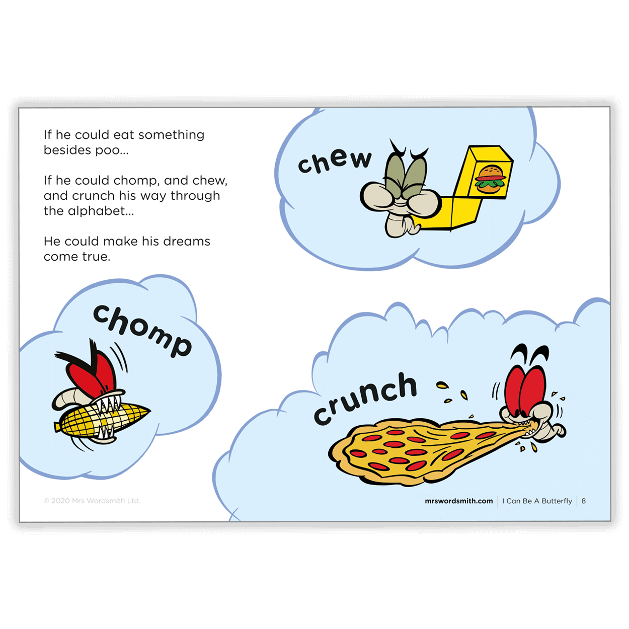 Butterfly eats pizza, corn, & burger