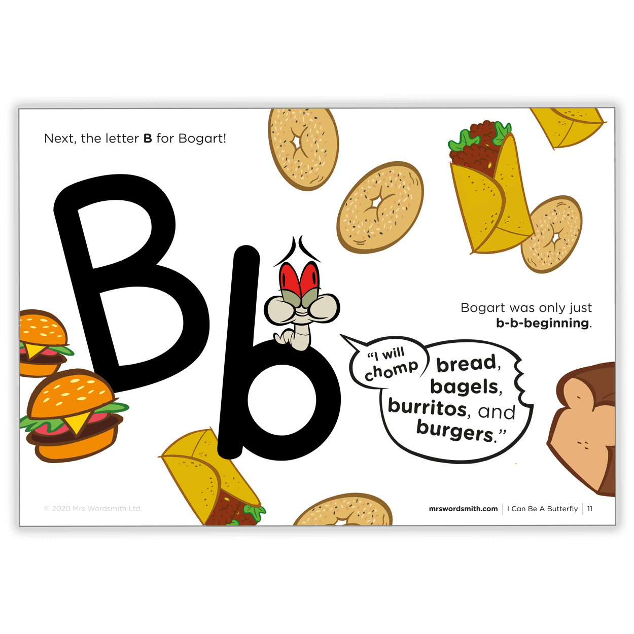Letter B with food illustrations.