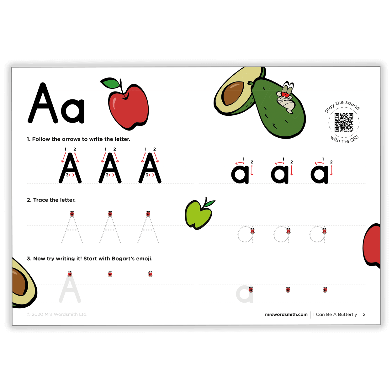 Aa letter tracing worksheet with apple & avocado.