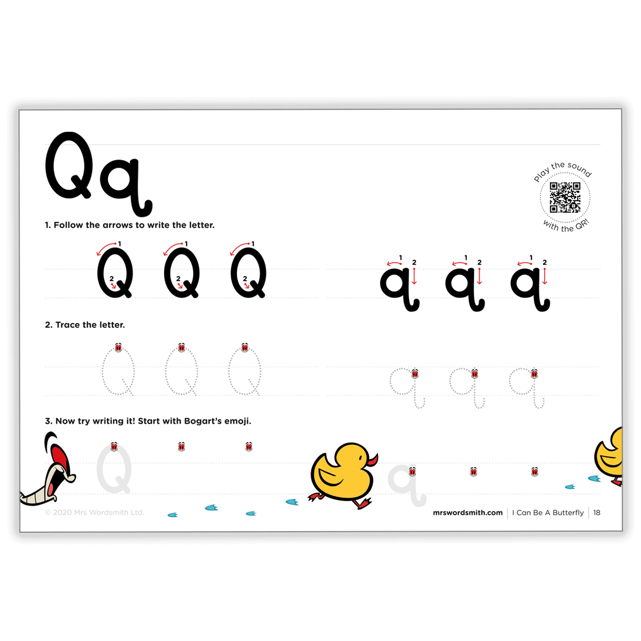 Handwriting practice page with the letter Q, carousel 6