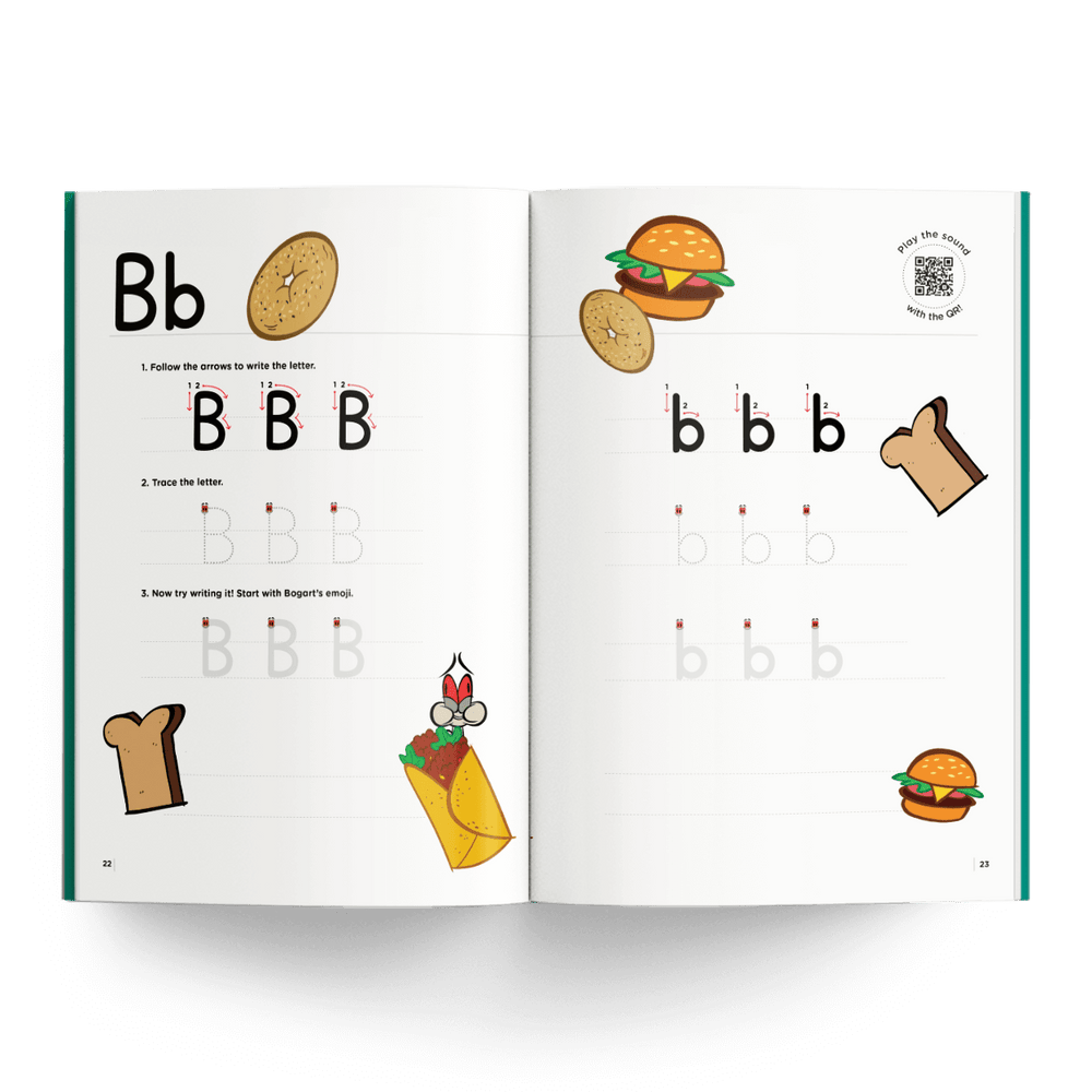 Handwriting practice with food illustrations