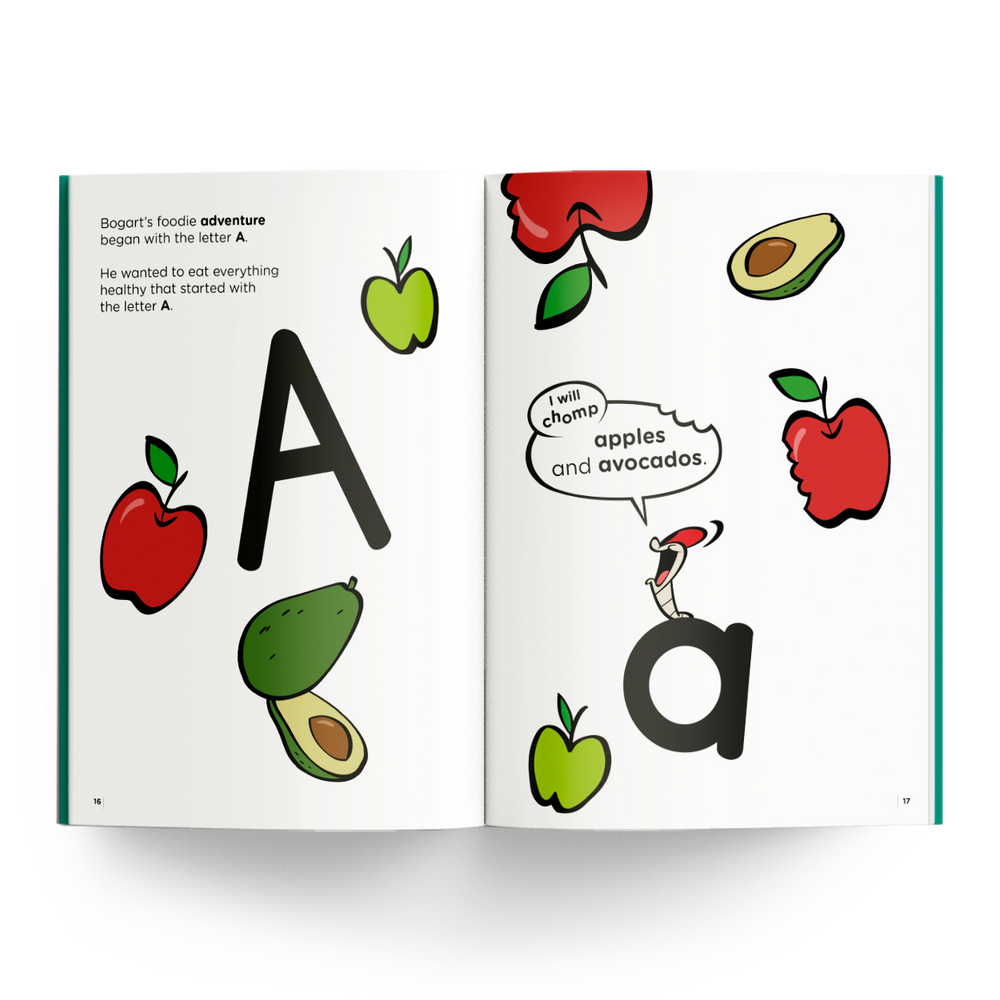 ABCHandwriting book page with letter A, apples, and avocados