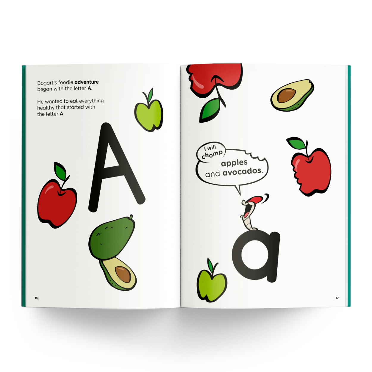 ABCHandwriting book page with letter A, apples, and avocados