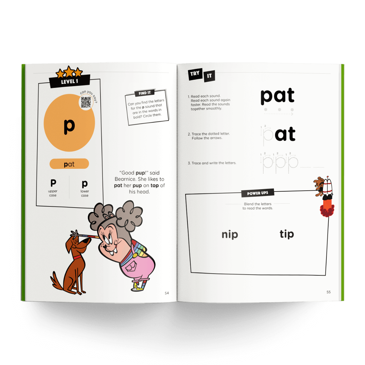 Colossal DK Level 1 phonics book spread with pat, nip, and tip words.