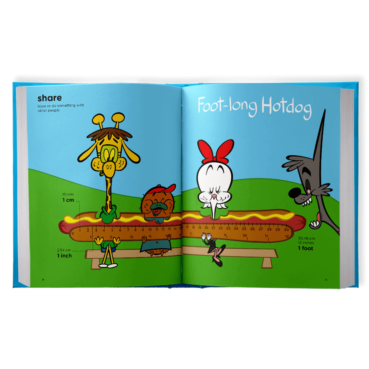 Cartoon hotdog with characters.
