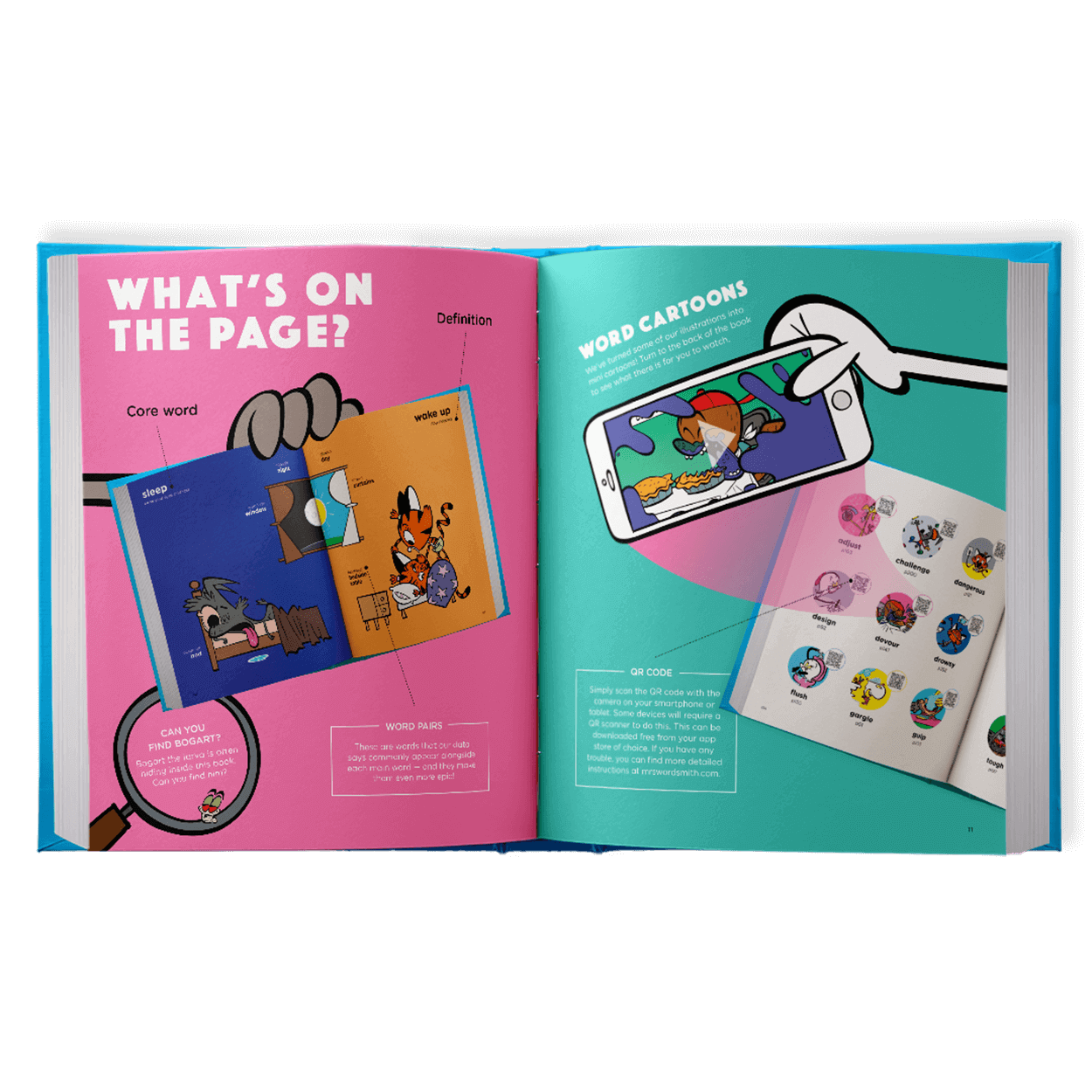 Cartoon book spread with word cartoons