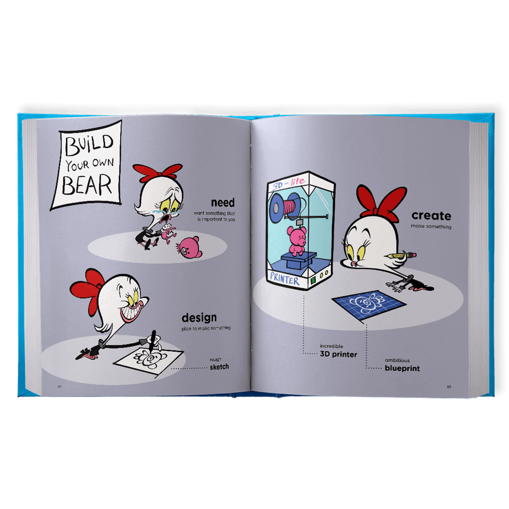Build Your Own Bear illustration showing design and 3D printing.