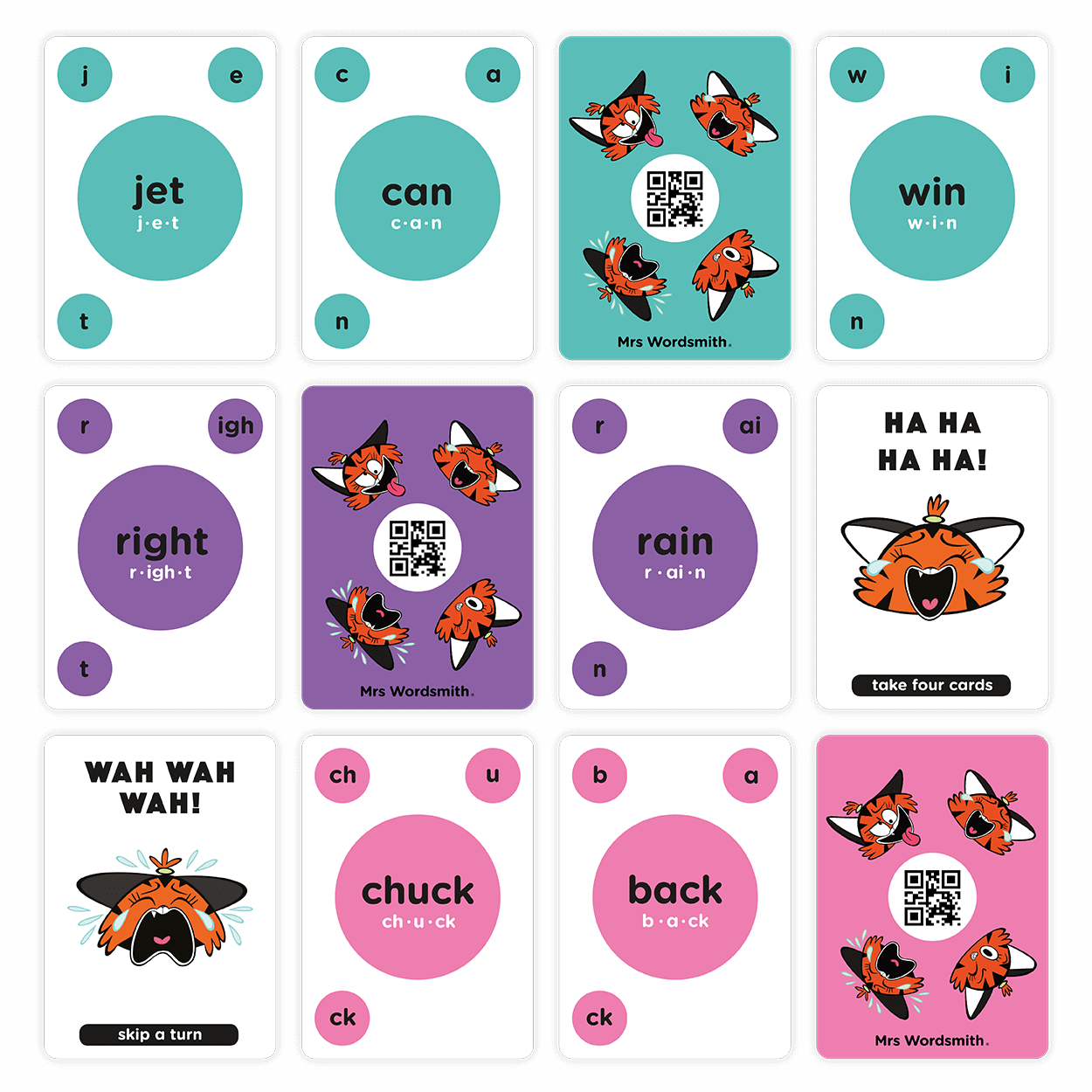 Flashcards - jet, can, win, right, rain, chuck, back
