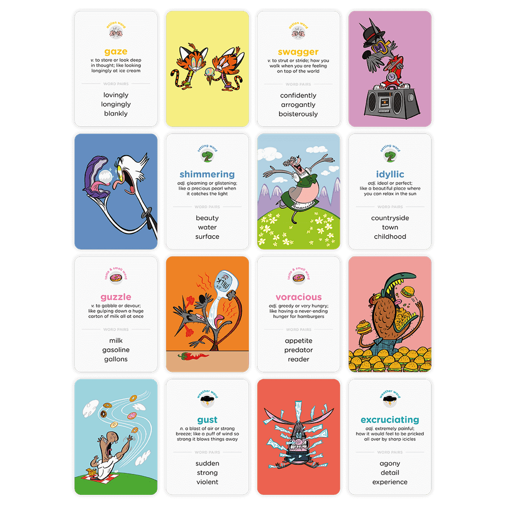 FGB Word Cards - Gaze, Shimmering, Idyllic, Guzzle, Voracious, Gust,...