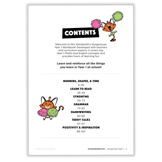 Mrs. Wordsmith Gargantuan Year 1 Workbook Contents Page