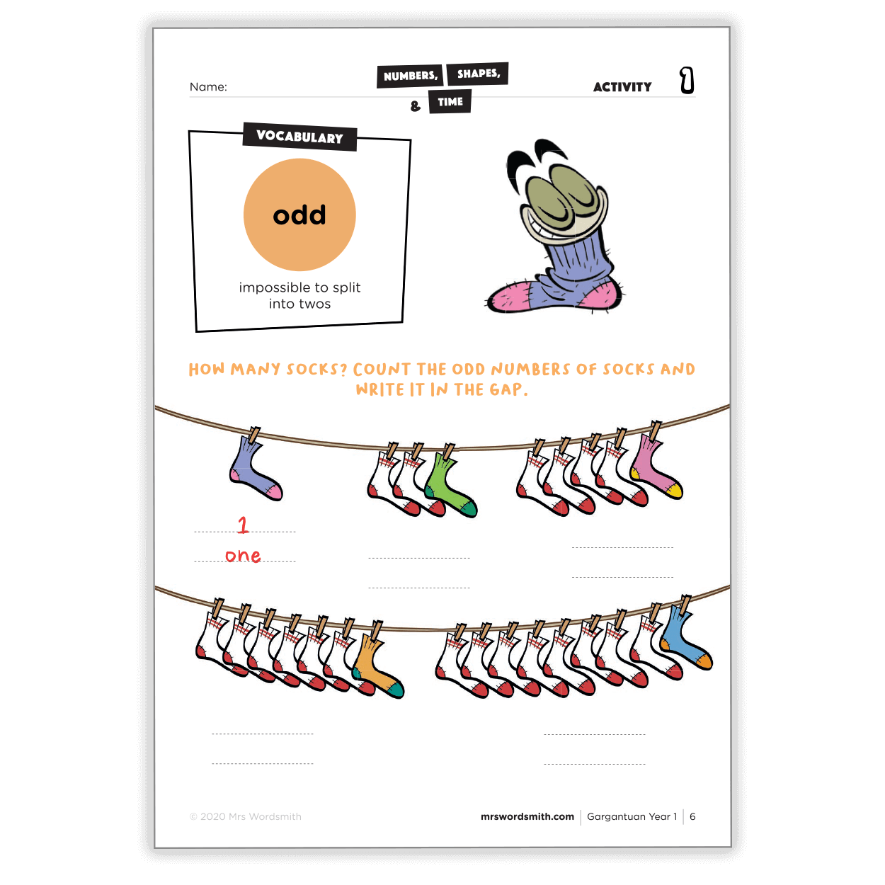 Gargantuan Sock Odd Number Activity Page