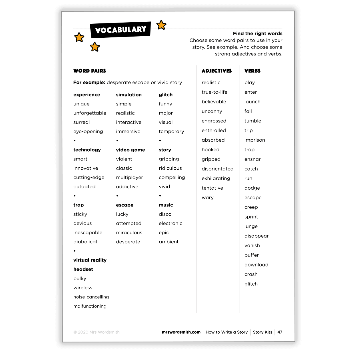 Vocabulary list for writing stories.