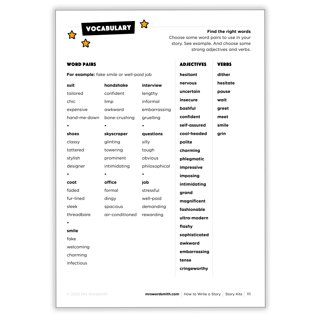 Product page vocabulary list with word pairs, adjectives, and verbs.