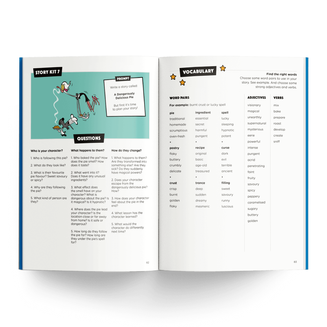 HTWS Story Kit 7 book spread with prompts and vocabulary