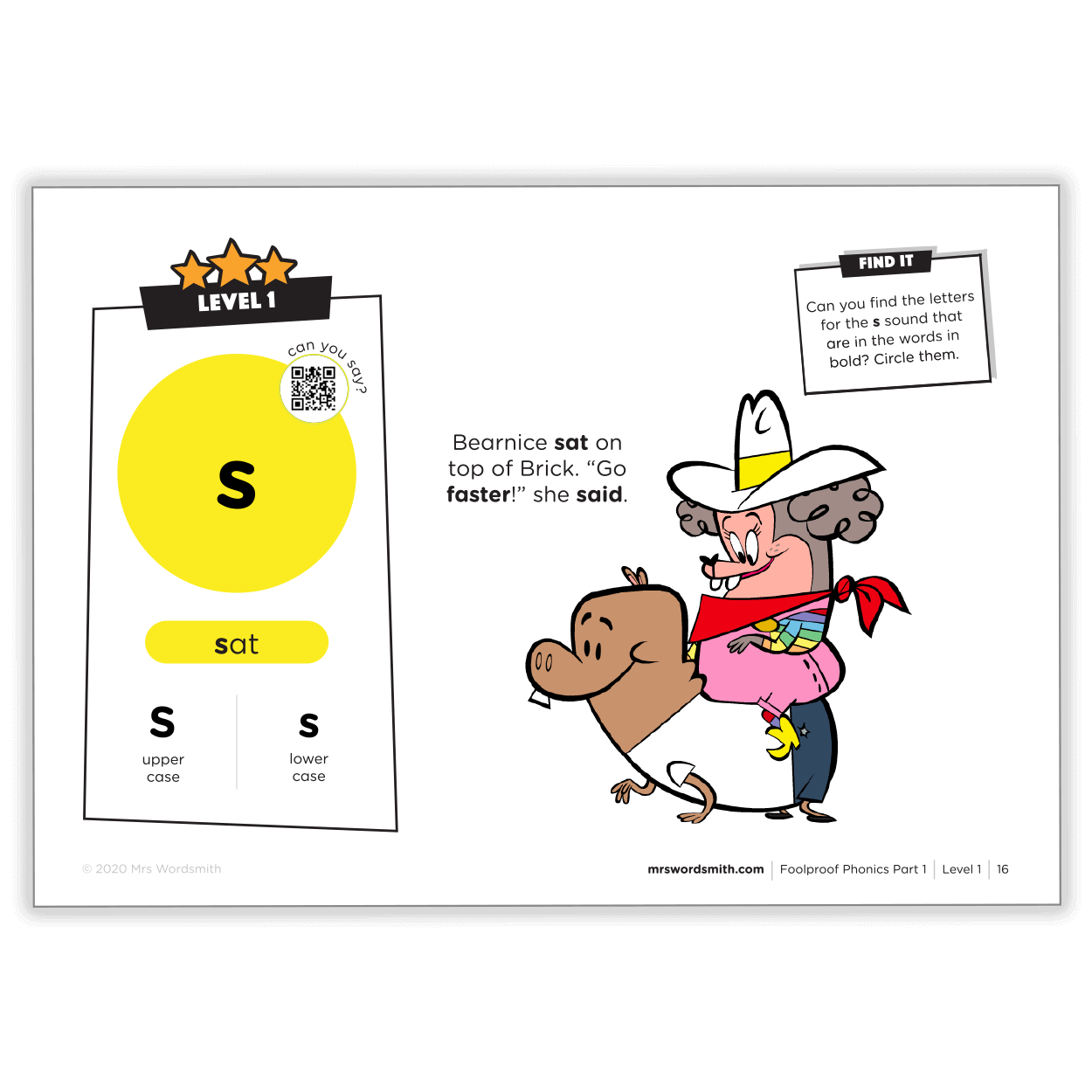 S sound lesson with cartoon characters