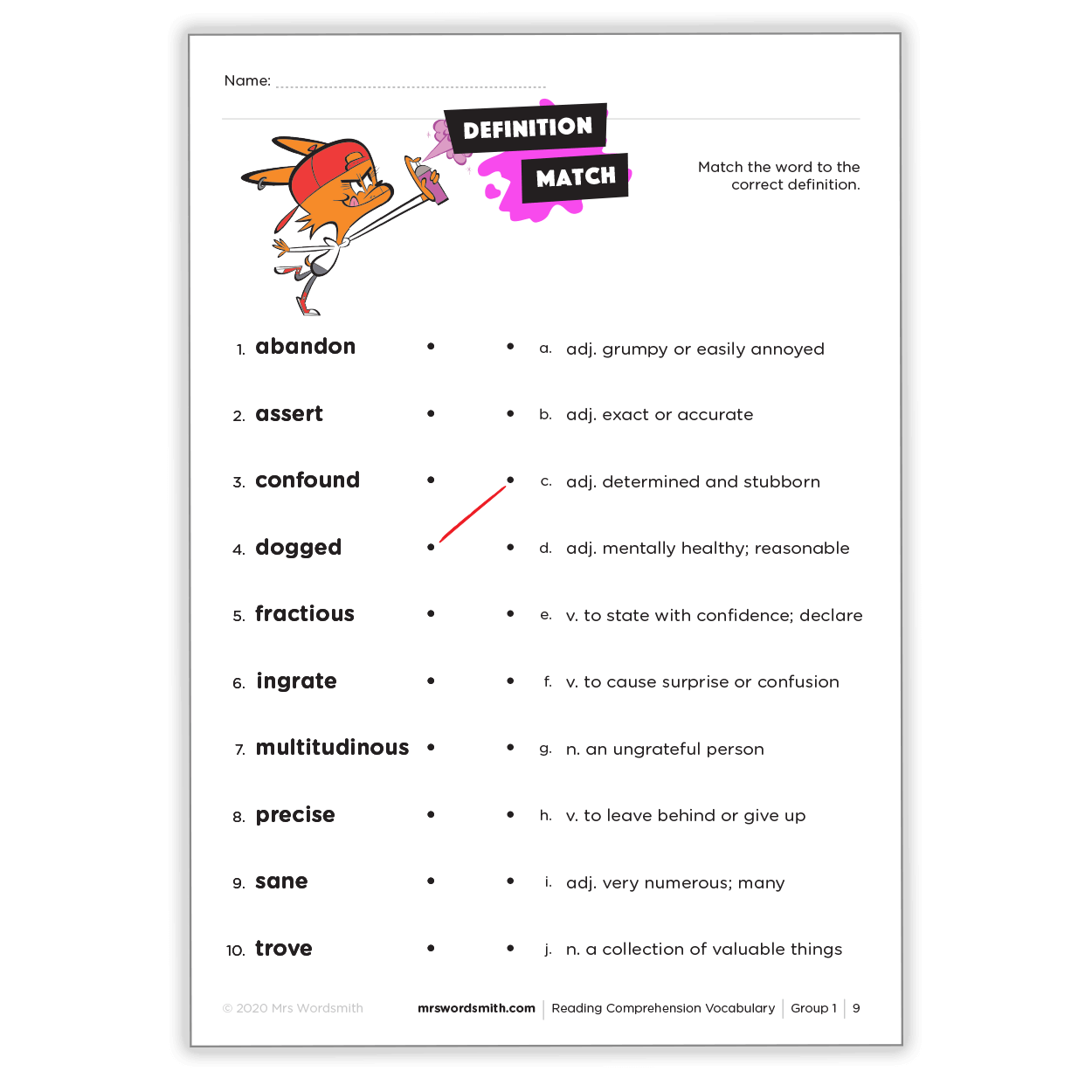 Vocabulary definition matching worksheet