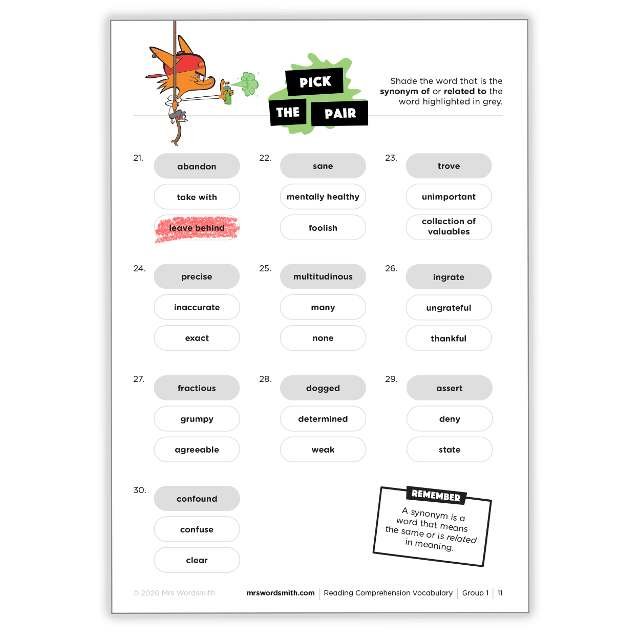 Reading comprehension synonym activity