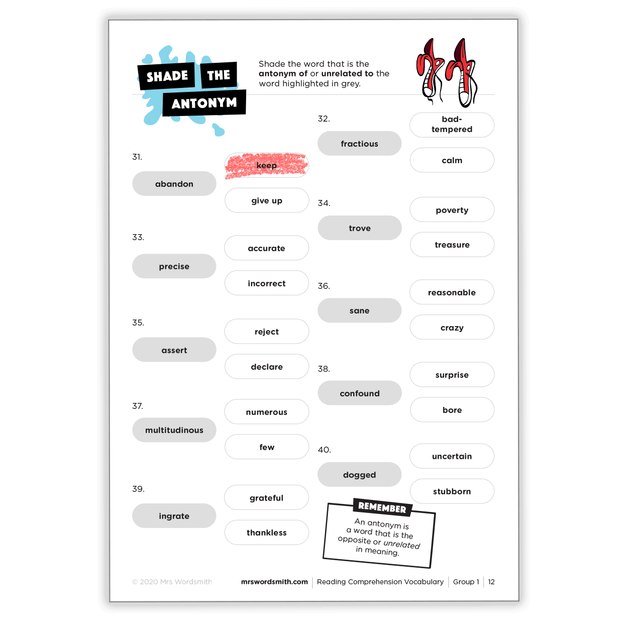 Reading comprehension antonyms worksheet