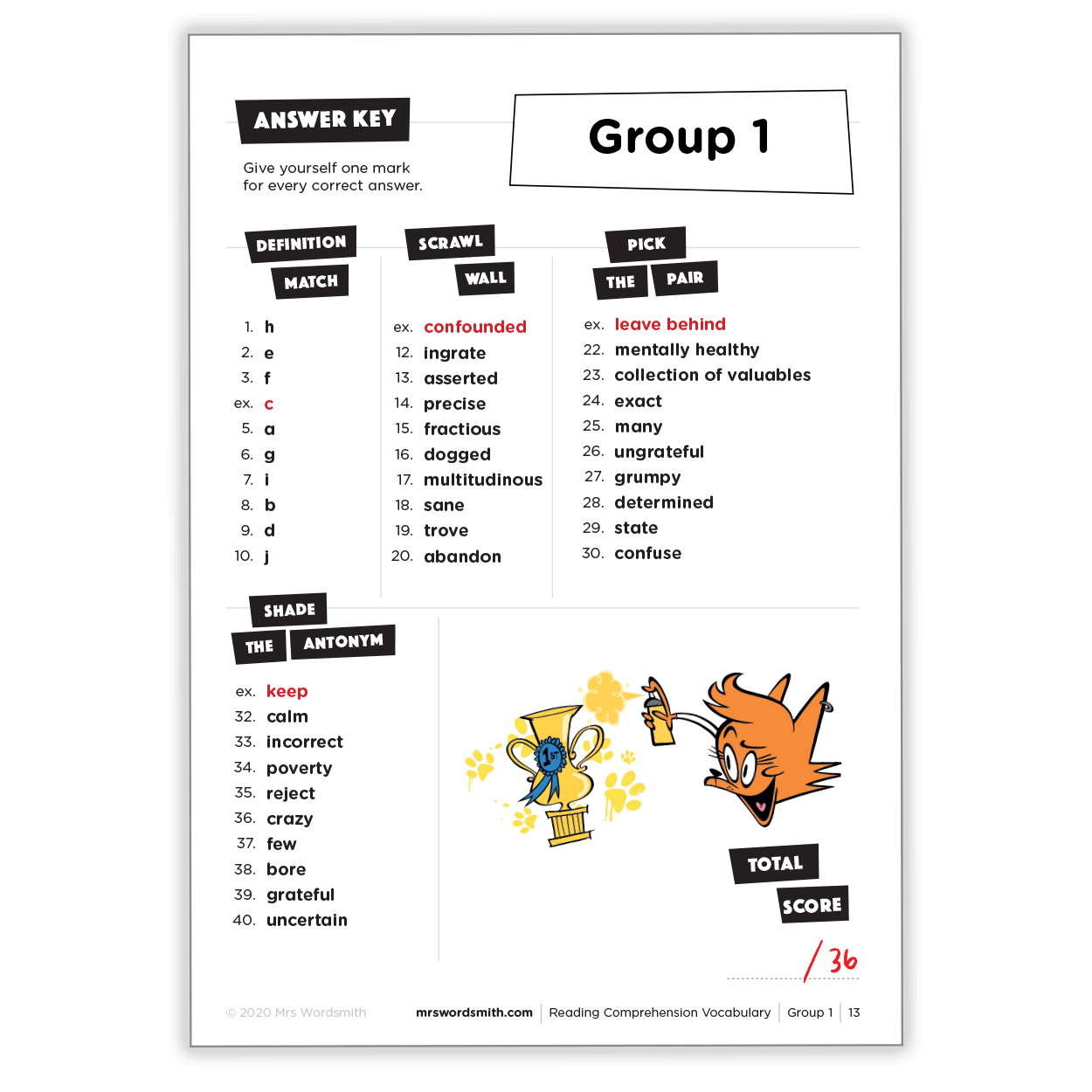 Reading comprehension vocabulary worksheet (Group 1)