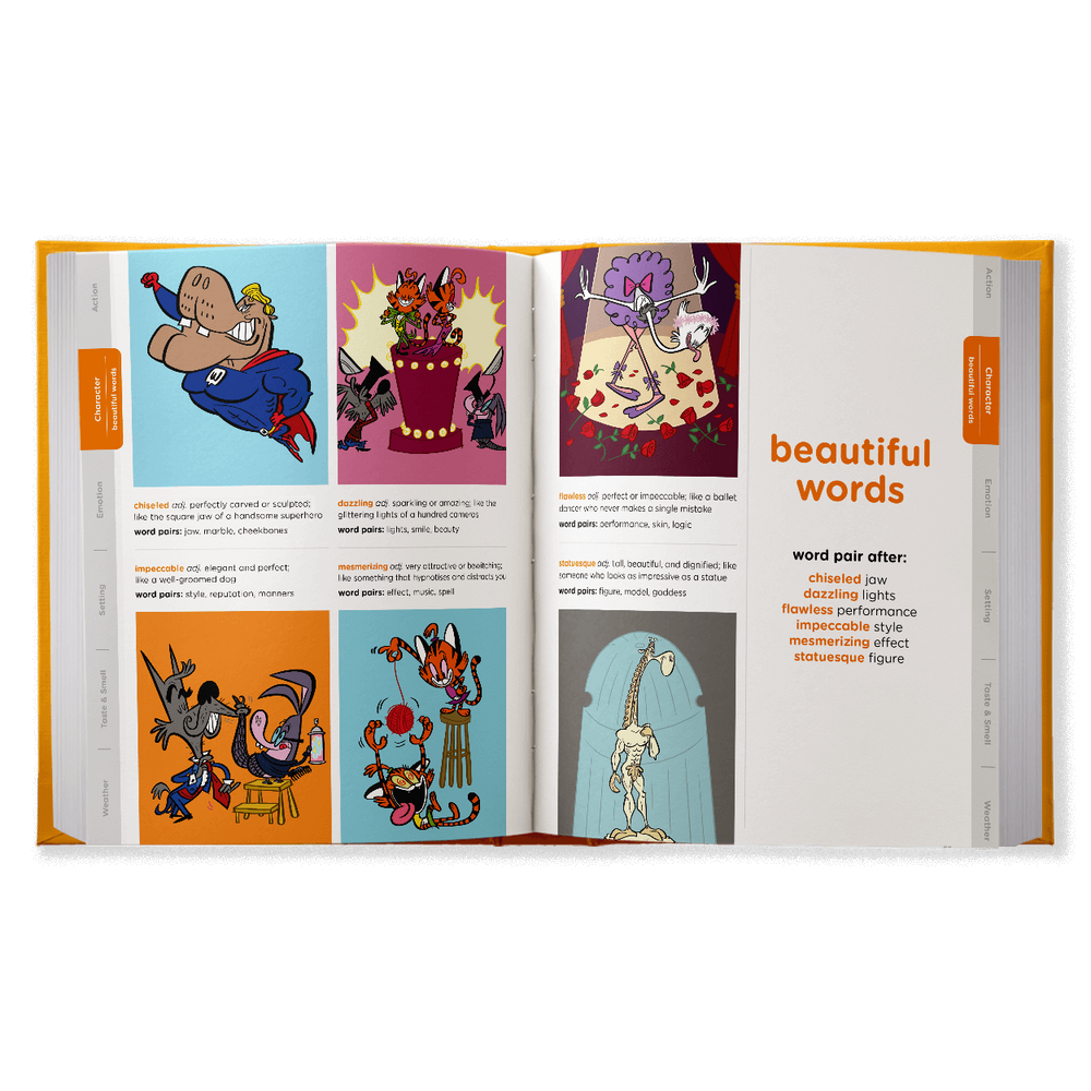 Hardback book spread featuring beautiful words illustrations.
