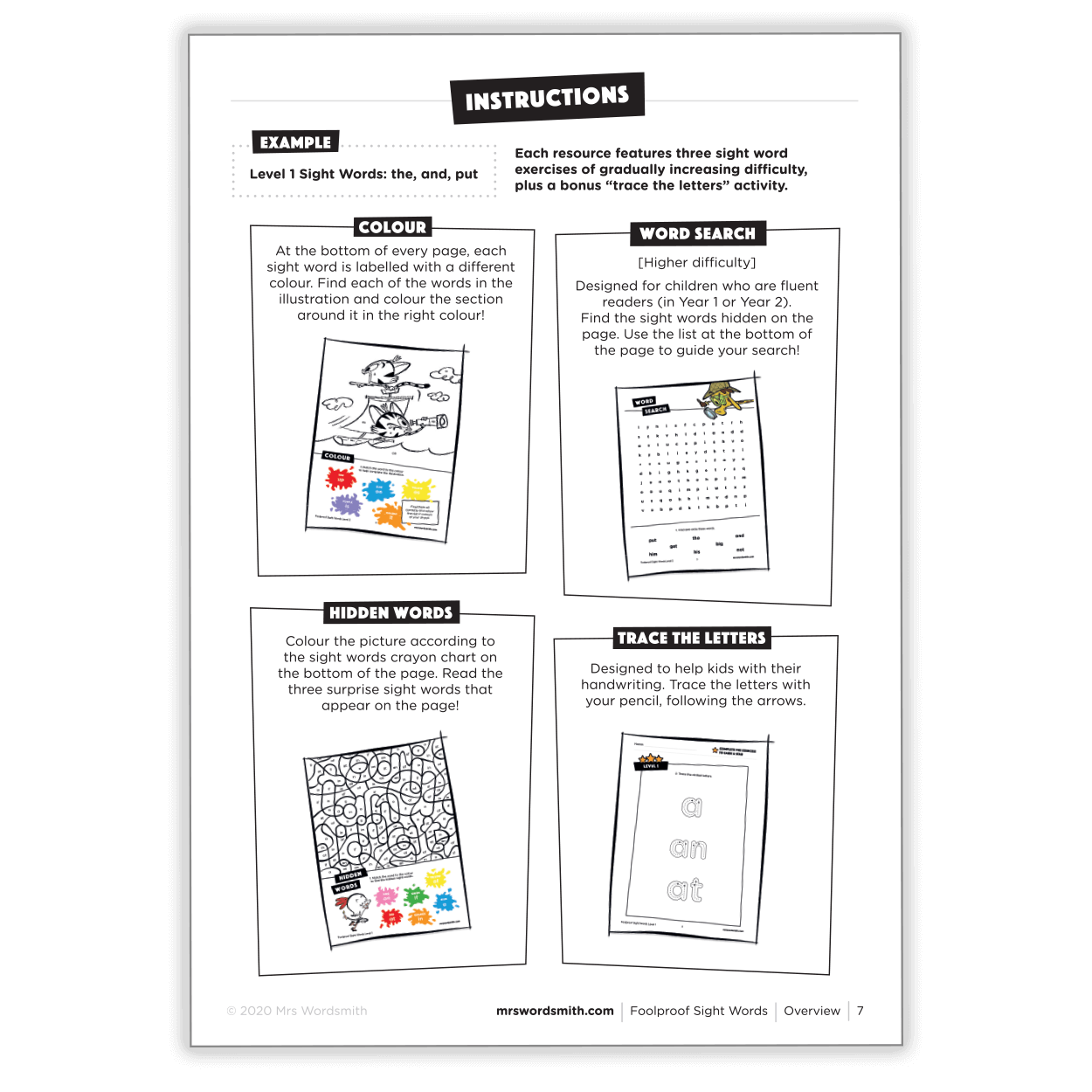 Instructions, examples, and activities.