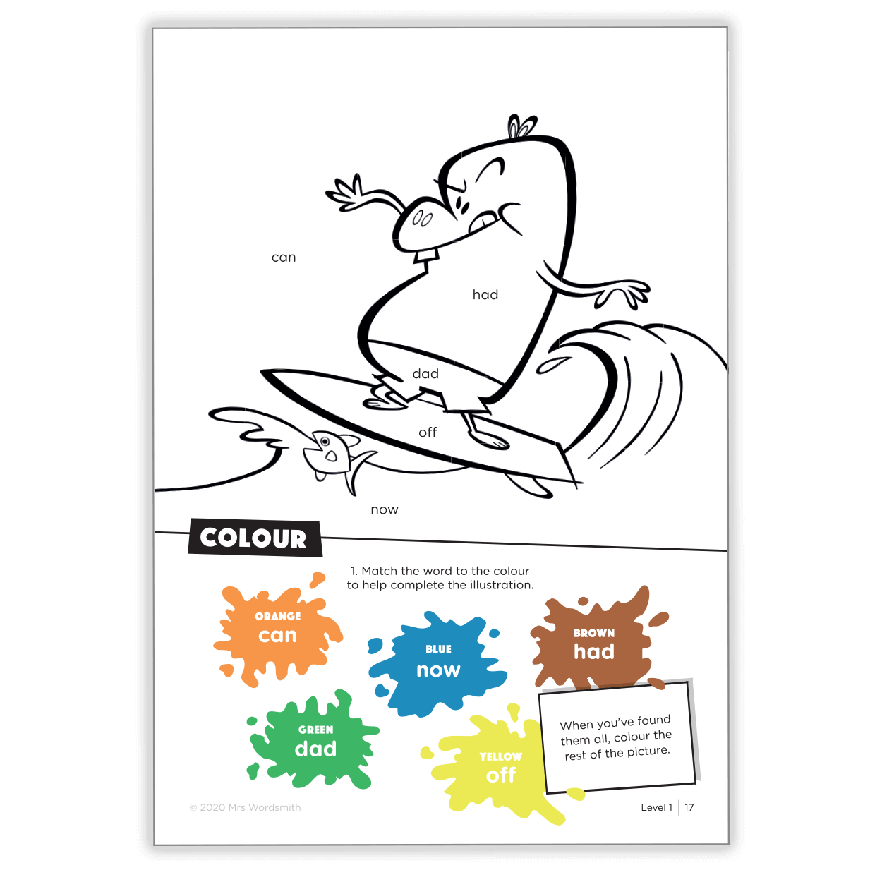 Sight Words coloring activity - Surfing character