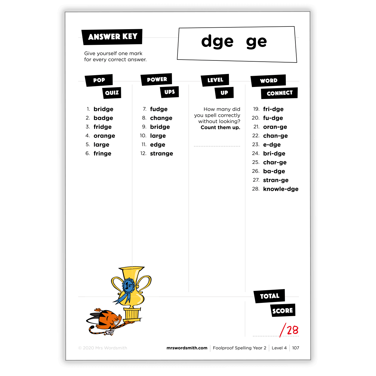 Spelling Y2 Target - dge/ge word list quiz