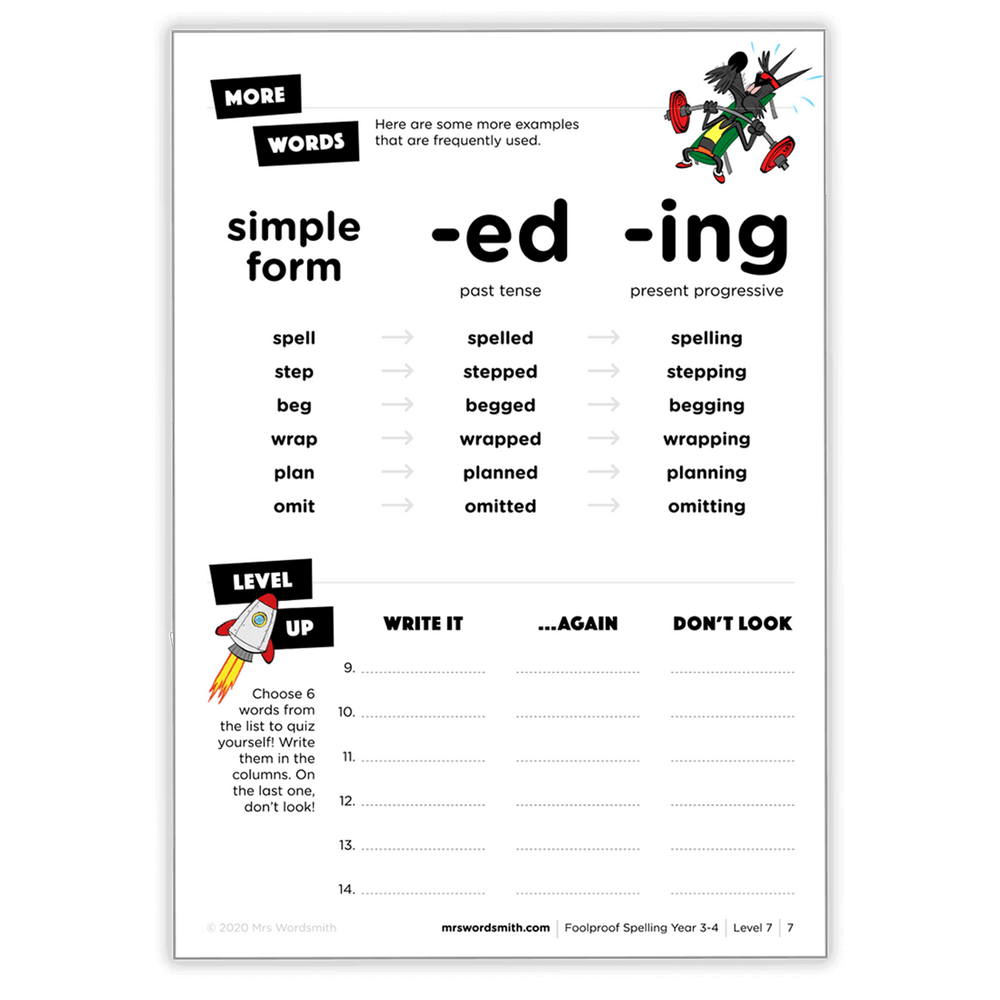 Simple form, -ed, -ing word examples